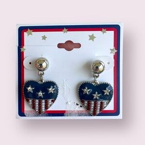 Heart-Shaped Patriotic Earrings - Red White & Blue Star Drop Studs, Size OS